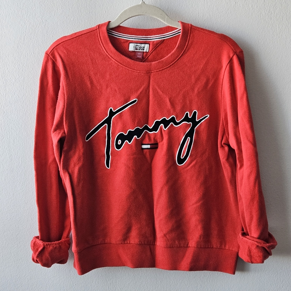 Tommy Hilfiger Women’s Red Crewneck Sweatshirt Size S – Velvet Logo, Pullover